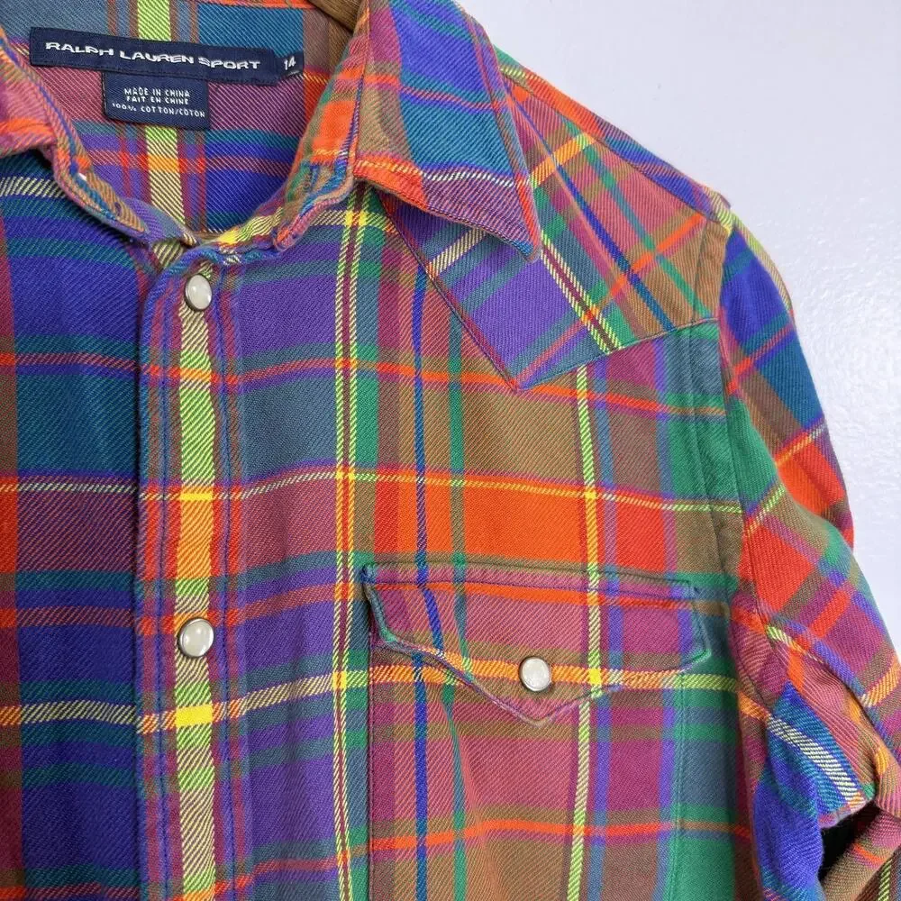 Ralph Lauren Shirt Boys 14 Plaid Western Pearl Snap Orange Long Sleeve Cotton